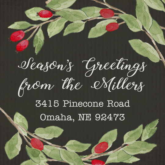 Black Winter Berries Square Address Labels